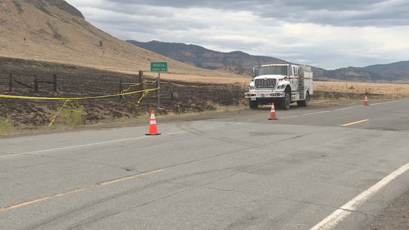 Crews still on scene of the area where the fire broke out on Saturday along CA-49