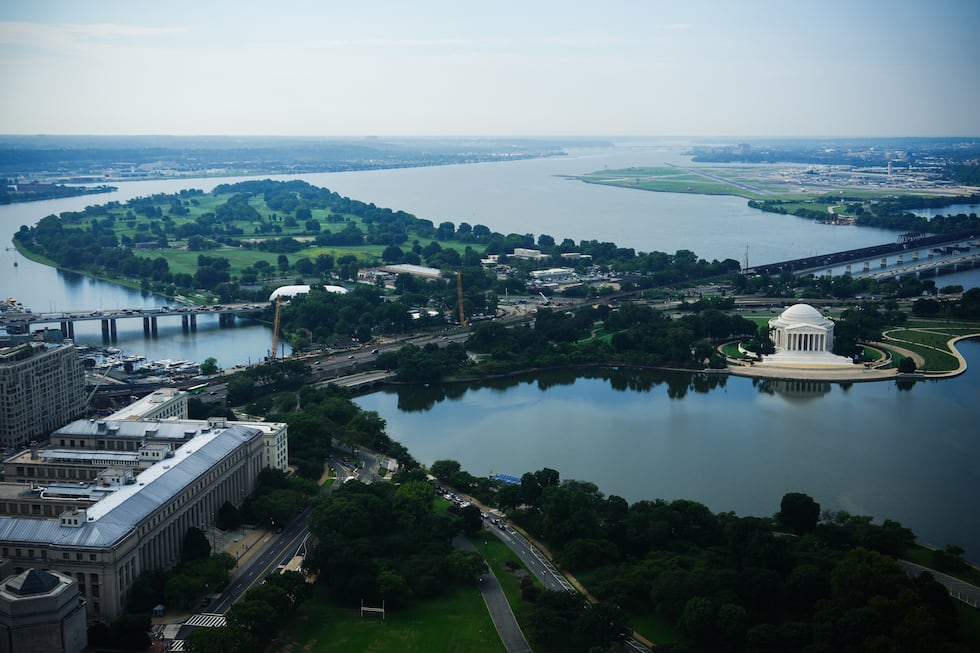 The East Potomac Park Golf Course and the Thomas Jefferson Memorial are seen from the...